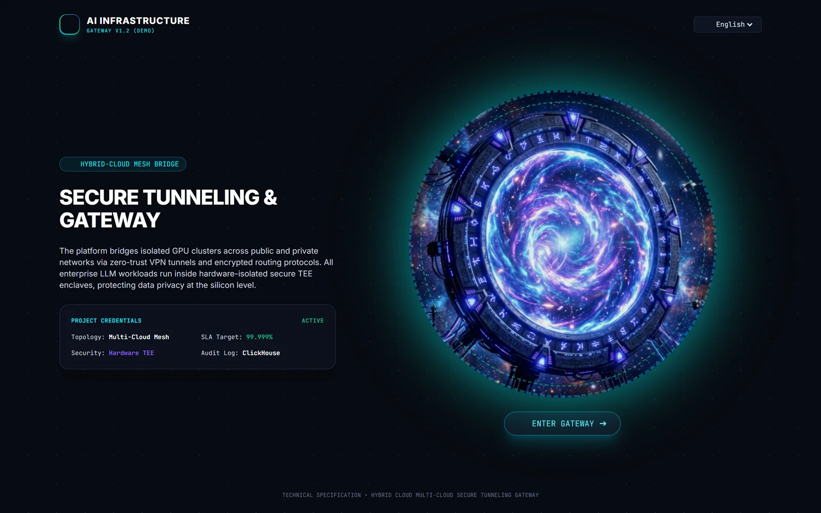Entry portal of the AI infrastructure website with a glowing gateway (brand details removed)